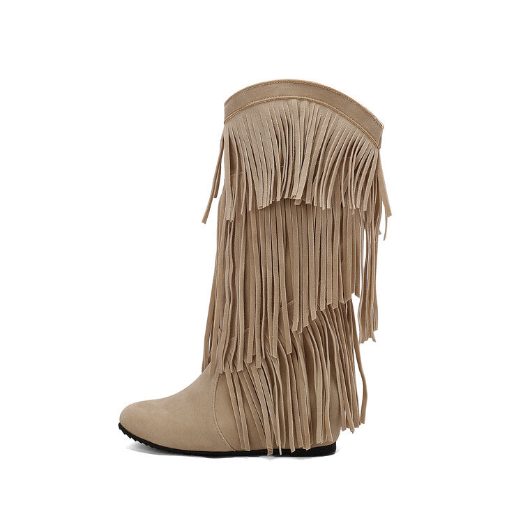 Women's Tassel Round Toe Wedge Heel Mid Calf Boots