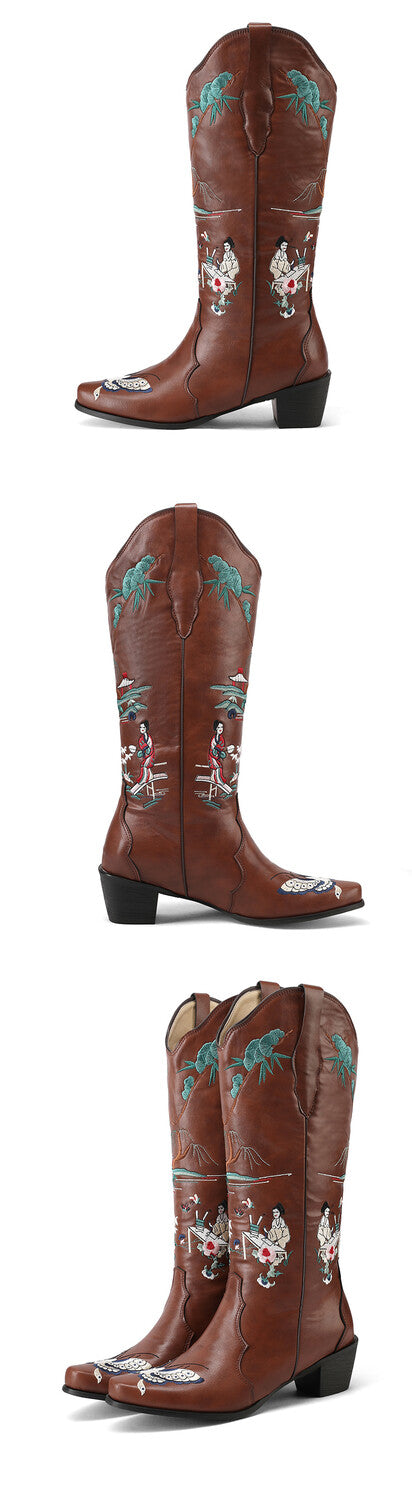 Women's Printed Embroider Block Heel Western Boots