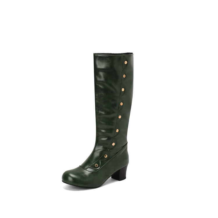 Women's Ruffles Rivets Round Toe Block Heel Knee High Boots
