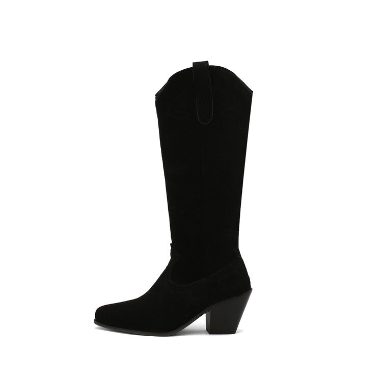 Women's Embroider Pointed Toe Block Heel Knee High Western Boots