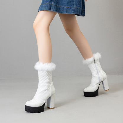 Women's Plush Plaid Round Toe Block Heel Platform Mid Calf Boots