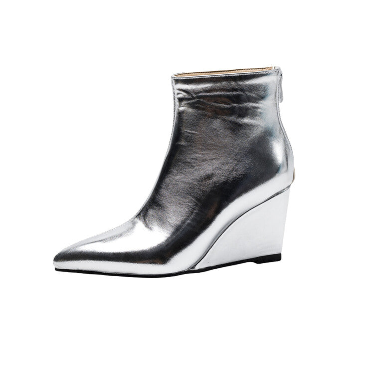 Women's Glossy Pointed Wedge Ankle Boots