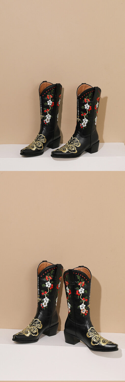 Women's Flowers Embroider Block Heel Western Boots