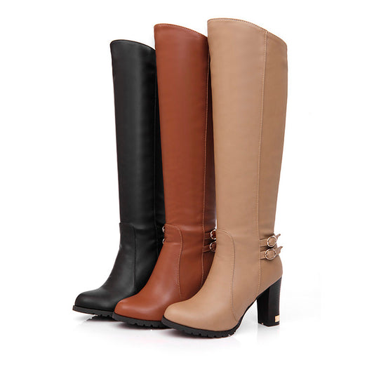 Ladies Pu Leather Round Toe Belts Buckles Chunky Heel Knee High Boots