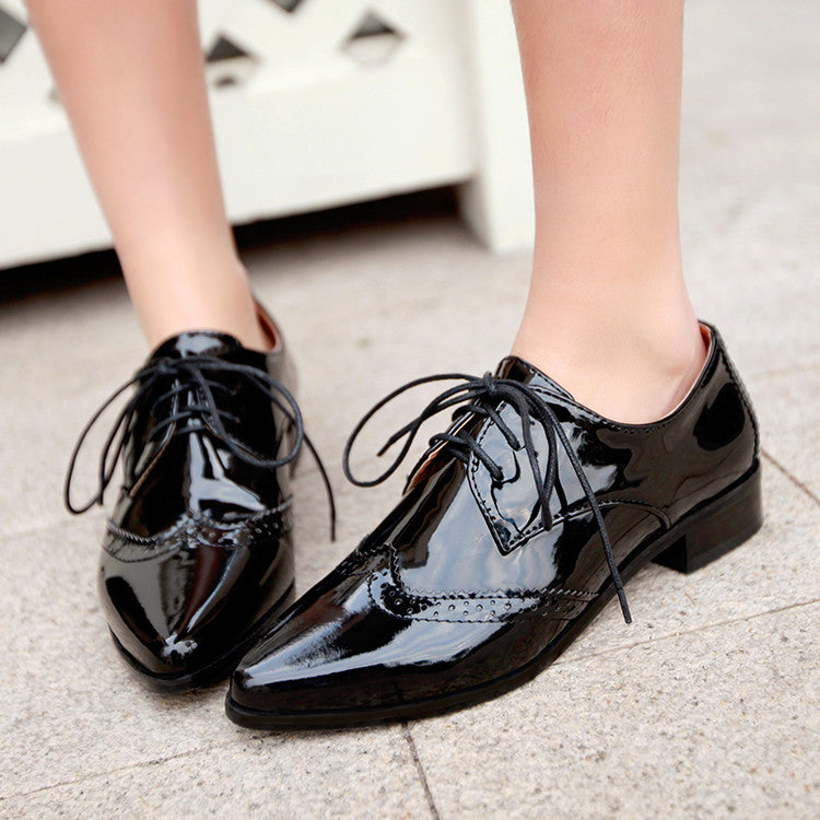 Ladies Glossy Pointed Toe Tied Lace Up Puppy Heel Chunky Heels Oxford Shoes