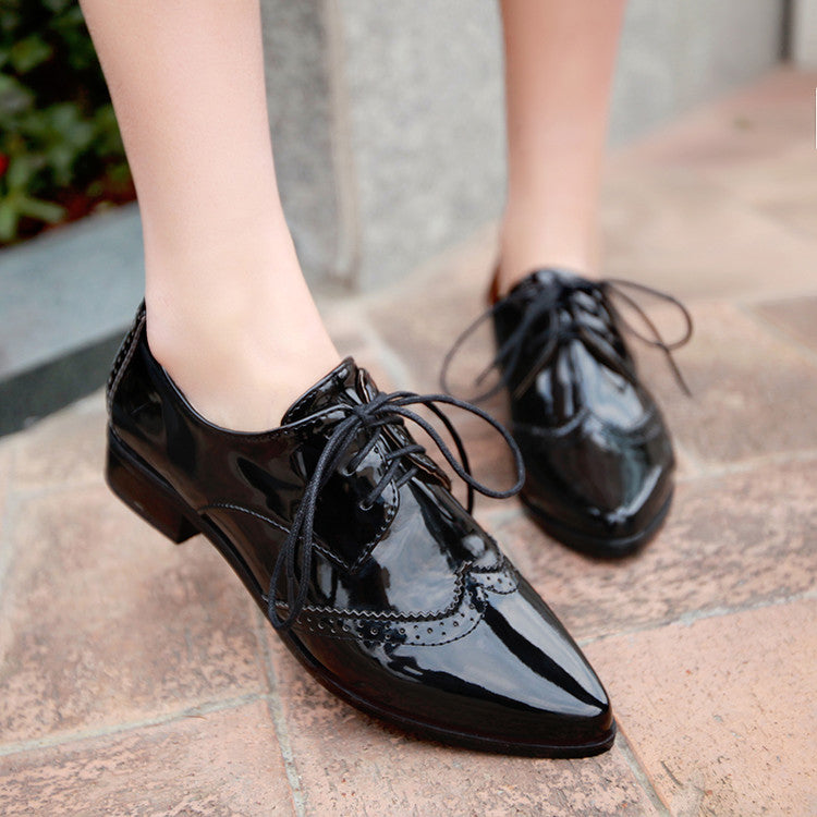 Ladies Glossy Pointed Toe Tied Lace Up Puppy Heel Chunky Heels Oxford Shoes