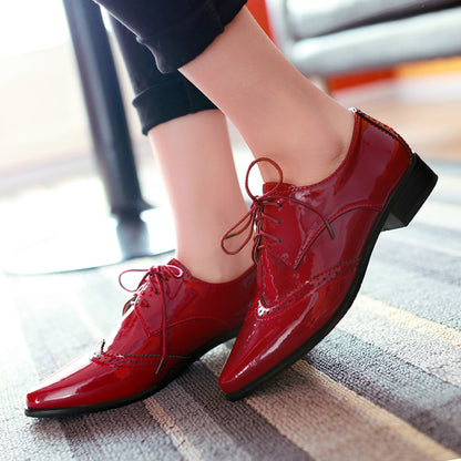 Ladies Glossy Pointed Toe Tied Lace Up Puppy Heel Chunky Heels Oxford Shoes