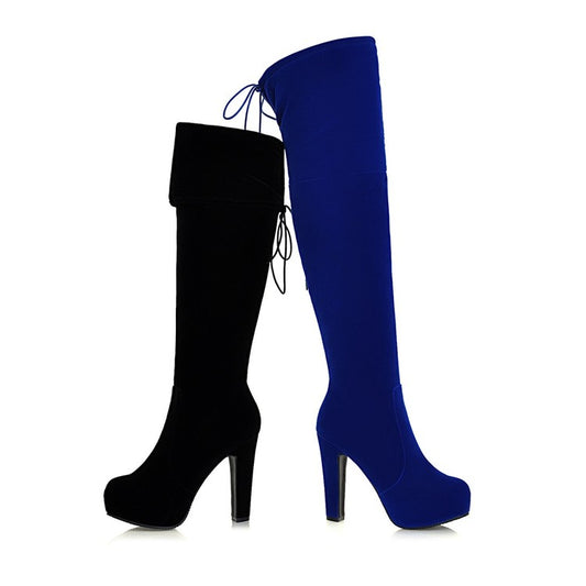 Ladies Fold Suede Back Tied Platform Chunky Heel Over the Knee Boots