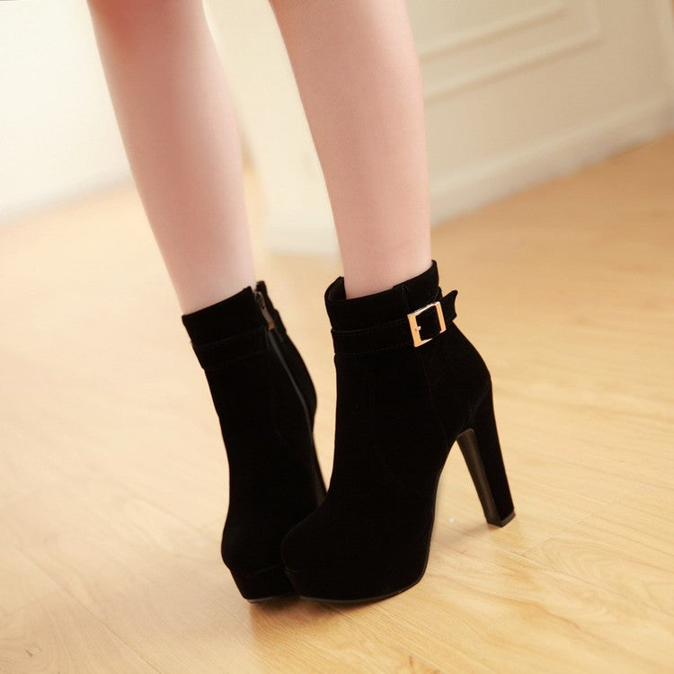 Ladies Suede Round Toe Belts Buckles Side Zippers Chunky Heel Platform Short Boots