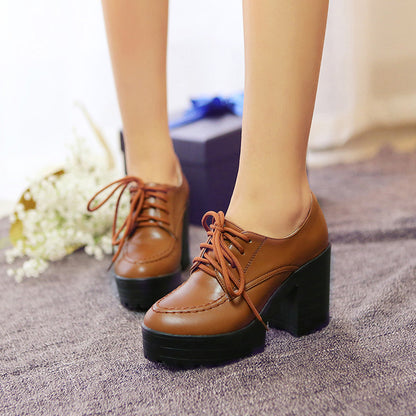 Ladies Pu Leather Round Toe Lace Up Stitch Platform Block Chunky Heel