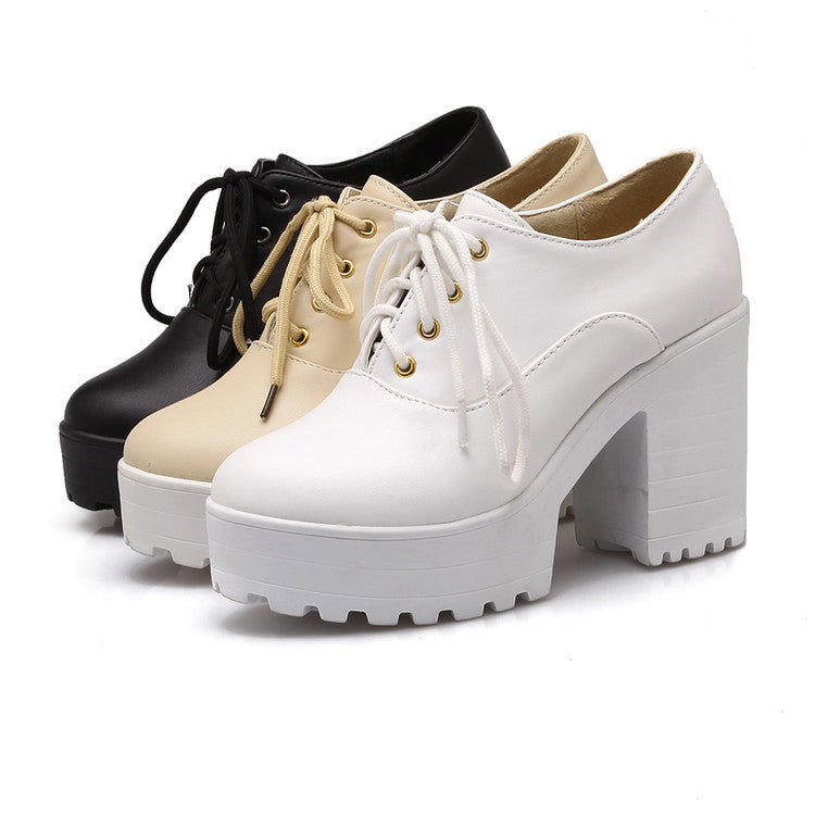 Ladies Pu Leather Round Toe Lace Up Platform Block Chunky Heel