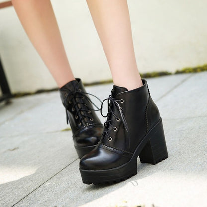 Glossy Round Toe Lace Up Block Chunky Heel Stitch Platform Short Boots for Women