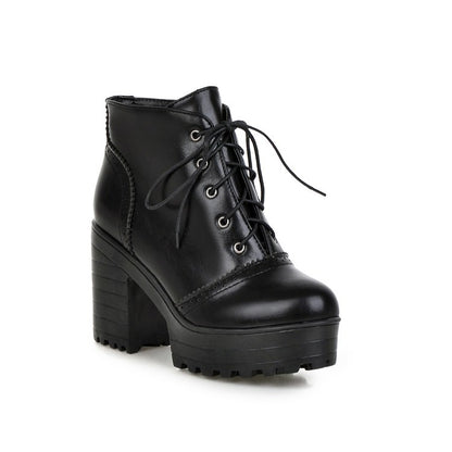 Glossy Round Toe Lace Up Block Chunky Heel Stitch Platform Short Boots for Women