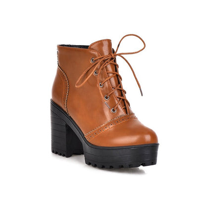 Glossy Round Toe Lace Up Block Chunky Heel Stitch Platform Short Boots for Women