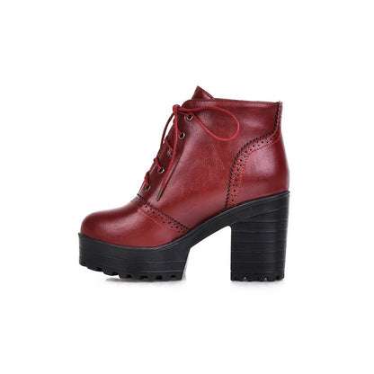 Glossy Round Toe Lace Up Block Chunky Heel Stitch Platform Short Boots for Women