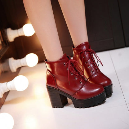 Glossy Round Toe Lace Up Block Chunky Heel Stitch Platform Short Boots for Women