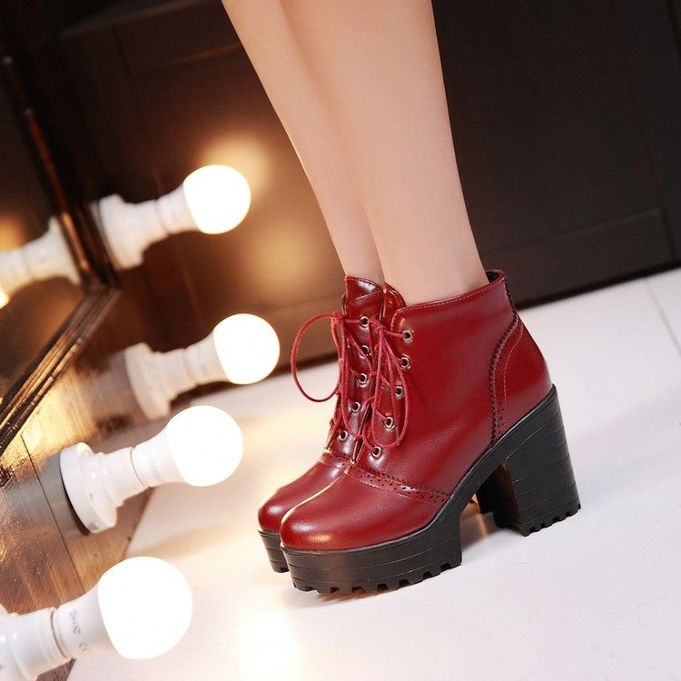 Glossy Round Toe Lace Up Block Chunky Heel Stitch Platform Short Boots for Women