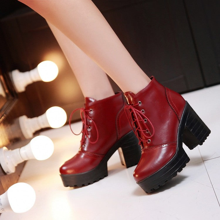 Glossy Round Toe Lace Up Block Chunky Heel Stitch Platform Short Boots for Women