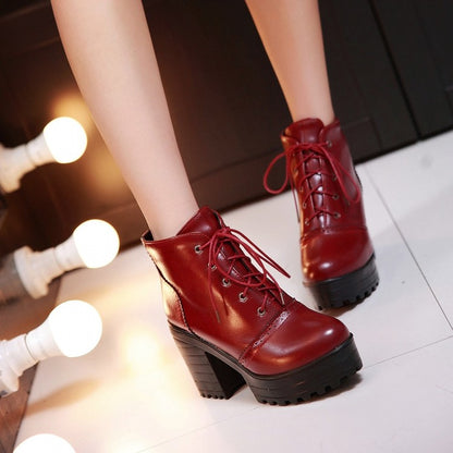 Glossy Round Toe Lace Up Block Chunky Heel Stitch Platform Short Boots for Women