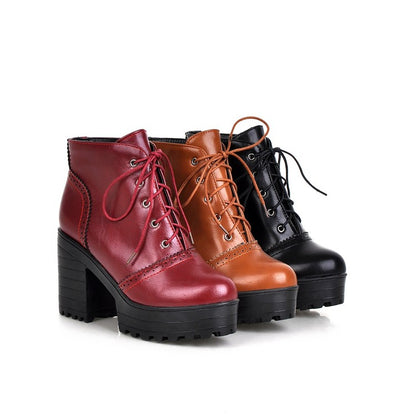 Glossy Round Toe Lace Up Block Chunky Heel Stitch Platform Short Boots for Women