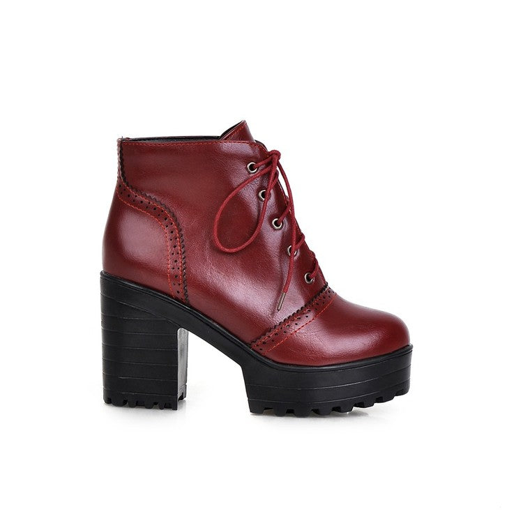 Glossy Round Toe Lace Up Block Chunky Heel Stitch Platform Short Boots for Women