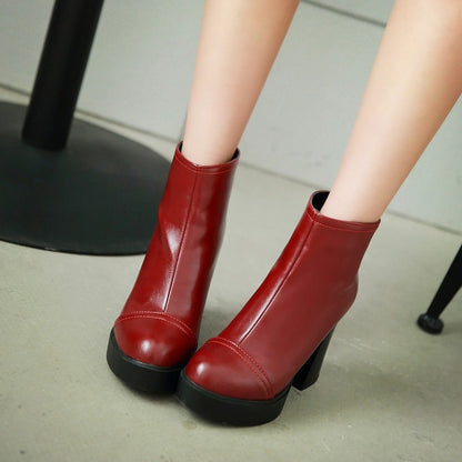 Pu Leather Round Toe Back Zippers Block Chunky Heel Platform Short Boots for Women