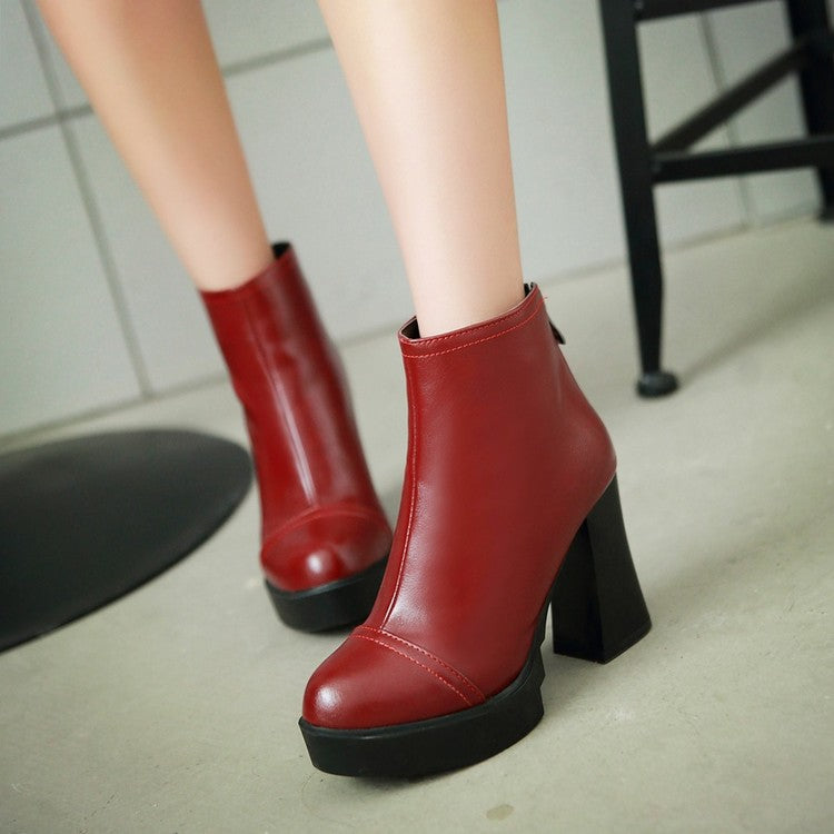 Pu Leather Round Toe Back Zippers Block Chunky Heel Platform Short Boots for Women