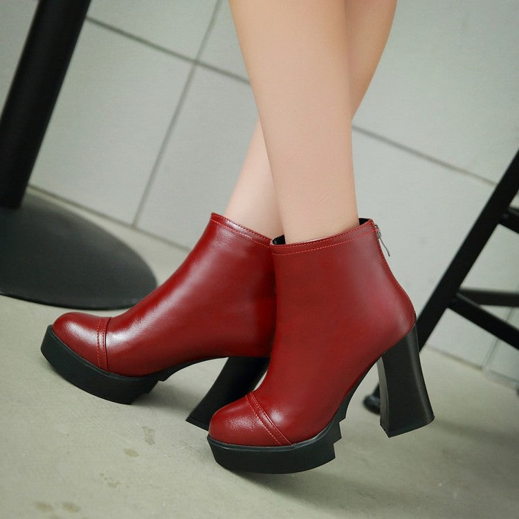 Pu Leather Round Toe Back Zippers Block Chunky Heel Platform Short Boots for Women