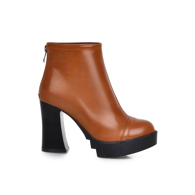 Pu Leather Round Toe Back Zippers Block Chunky Heel Platform Short Boots for Women