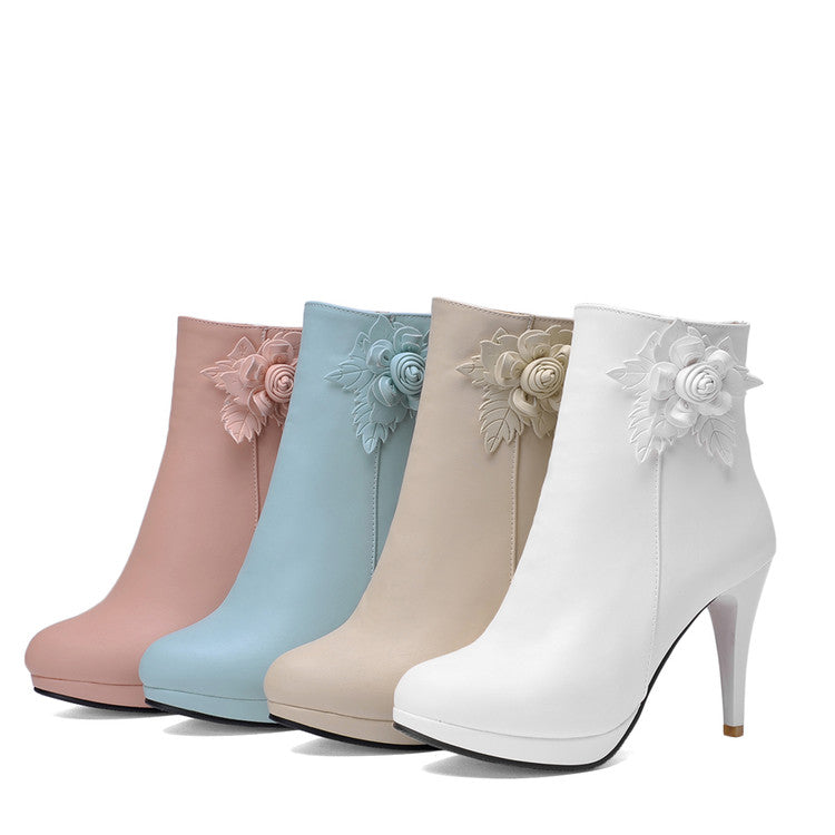 Pu Leather Almond Toe Carved Flora Cone Heel Platform Side Zippers Short Boots for Women