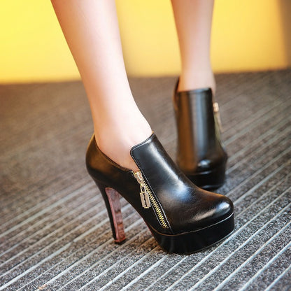 Glossy Side Zippers Chunky Heel Platform Short Boots for Women