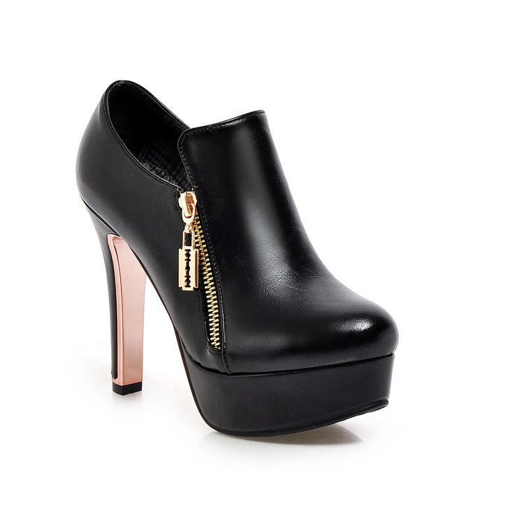 Glossy Side Zippers Chunky Heel Platform Short Boots for Women