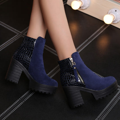 Flock Round Toe Snake Printed Patchwork Side Zippers Block Chunky Heel Platform Short Boots for Women