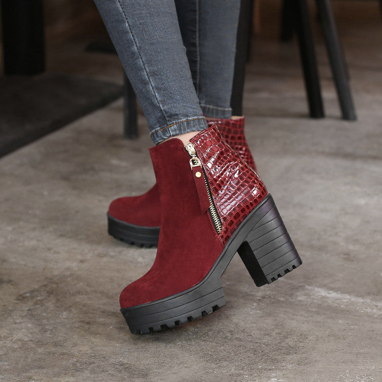 Flock Round Toe Snake Printed Patchwork Side Zippers Block Chunky Heel Platform Short Boots for Women