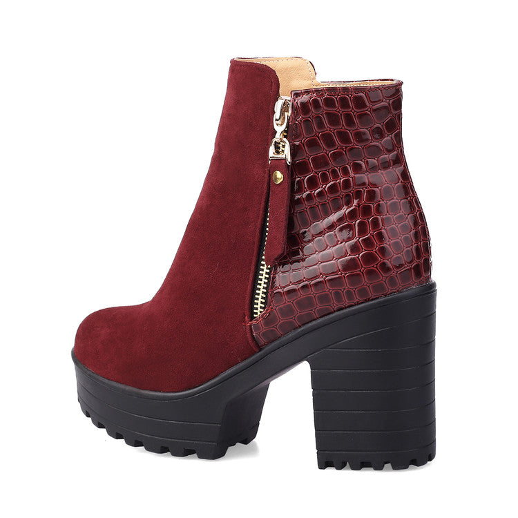 Flock Round Toe Snake Printed Patchwork Side Zippers Block Chunky Heel Platform Short Boots for Women