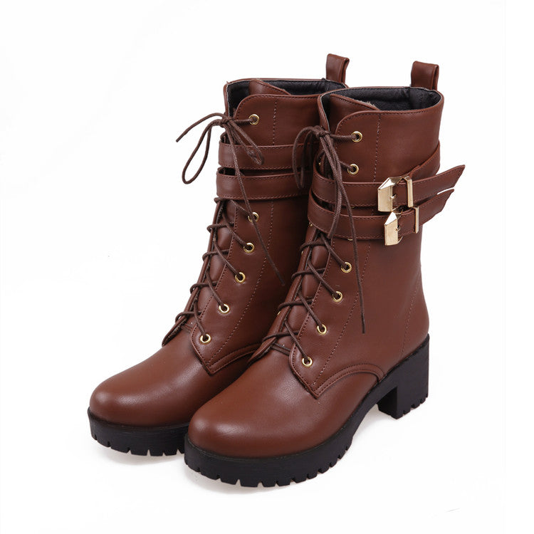 Round Toe Lace Up Buckle Straps Block Chunky Heel Platform Short Boots for Women