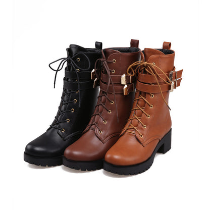 Round Toe Lace Up Buckle Straps Block Chunky Heel Platform Short Boots for Women