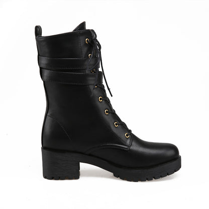 Round Toe Lace Up Buckle Straps Block Chunky Heel Platform Short Boots for Women