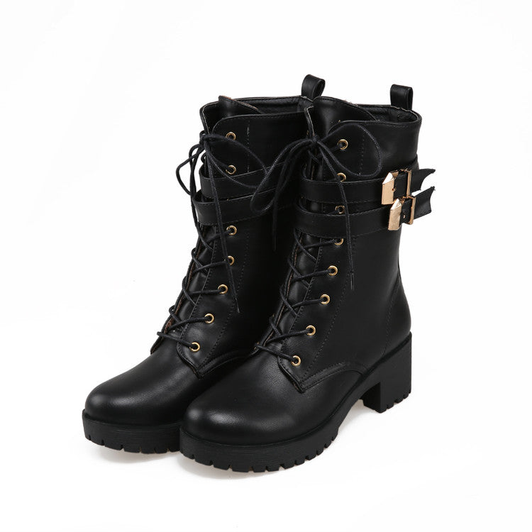 Round Toe Lace Up Buckle Straps Block Chunky Heel Platform Short Boots for Women