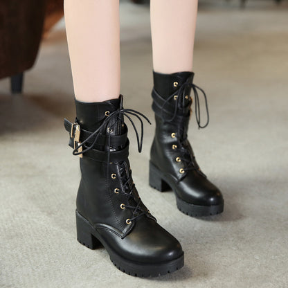 Round Toe Lace Up Buckle Straps Block Chunky Heel Platform Short Boots for Women