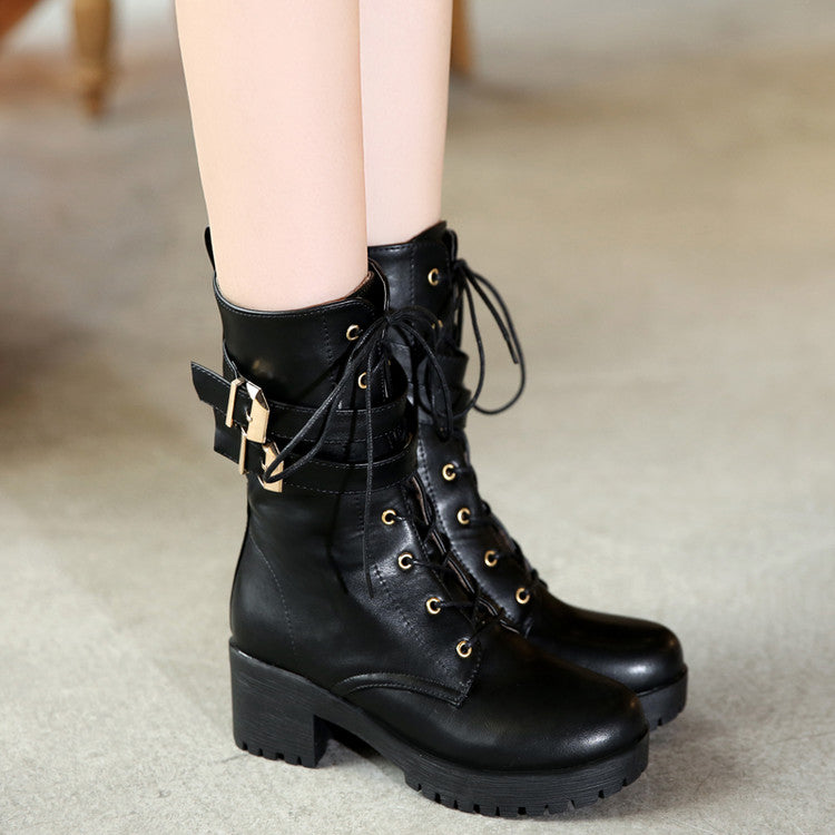 Round Toe Lace Up Buckle Straps Block Chunky Heel Platform Short Boots for Women