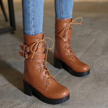 Round Toe Lace Up Buckle Straps Block Chunky Heel Platform Short Boots for Women