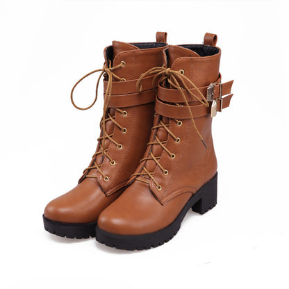 Round Toe Lace Up Buckle Straps Block Chunky Heel Platform Short Boots for Women