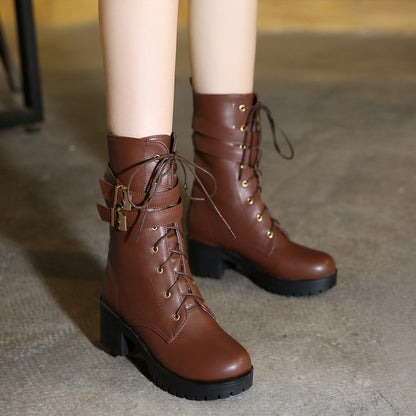 Round Toe Lace Up Buckle Straps Block Chunky Heel Platform Short Boots for Women