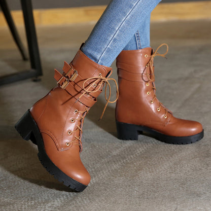 Round Toe Lace Up Buckle Straps Block Chunky Heel Platform Short Boots for Women