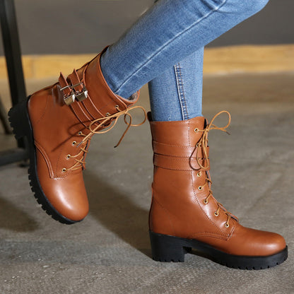 Round Toe Lace Up Buckle Straps Block Chunky Heel Platform Short Boots for Women