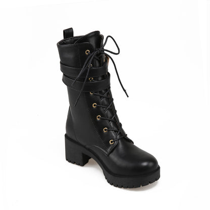 Round Toe Lace Up Buckle Straps Block Chunky Heel Platform Short Boots for Women