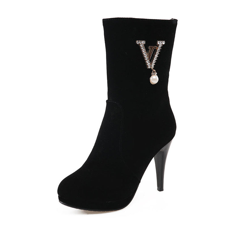 Flock Round Toe Side Zippers Rhinestone Pearls Cone Heel Platform Short Boots for Women