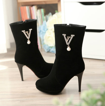 Flock Round Toe Side Zippers Rhinestone Pearls Cone Heel Platform Short Boots for Women