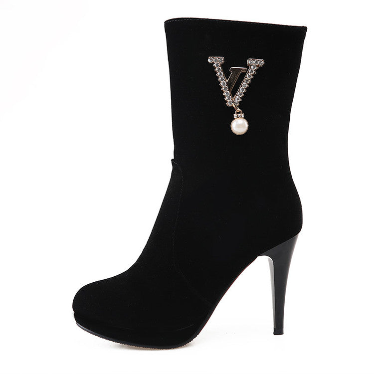 Flock Round Toe Side Zippers Rhinestone Pearls Cone Heel Platform Short Boots for Women